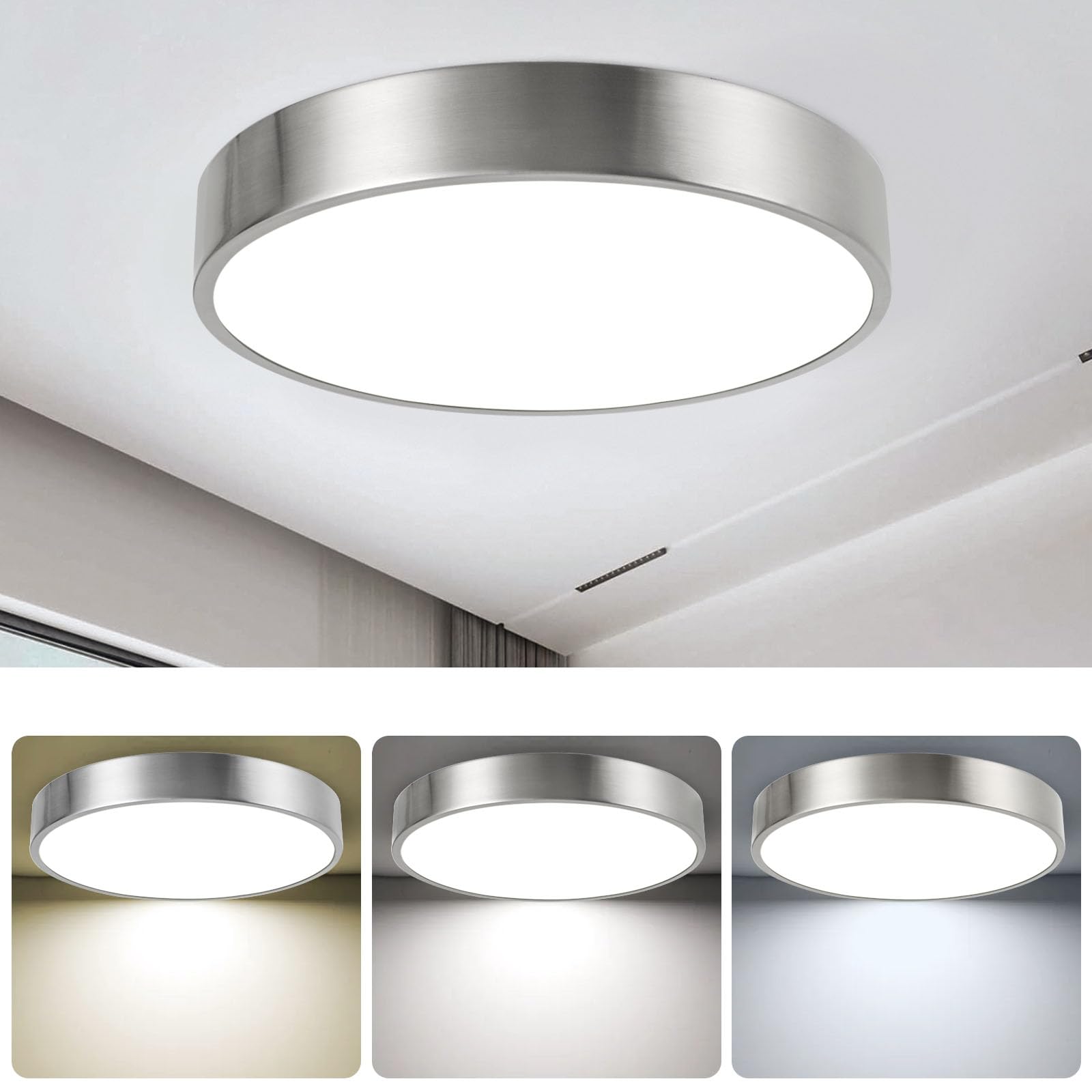 Modern Minimalist 13 Inch Ceiling Light Dimmable 26W LED Ceiling Light Fixture with 3Color Temperatures Brushed Nickel Flush