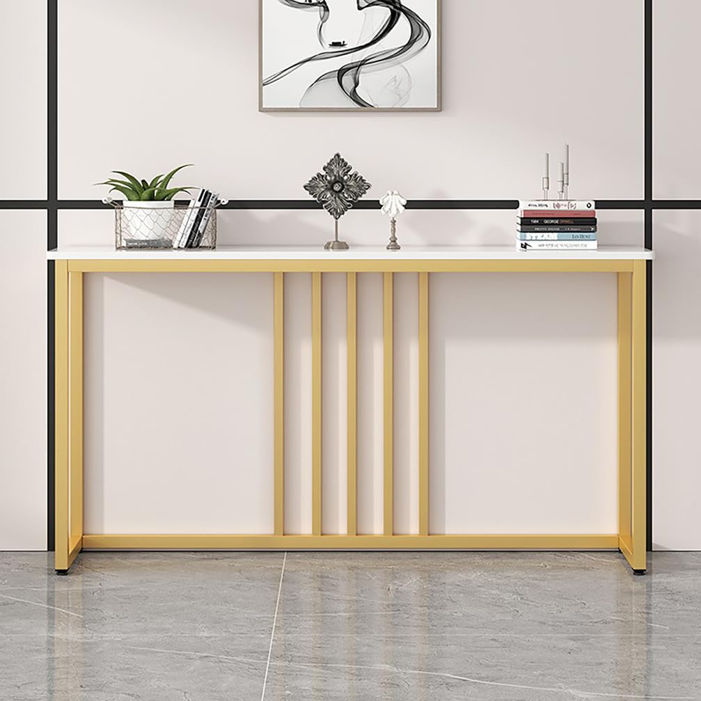 WYRNOBRX 31.5" Console Table, Industrial Sofa Entryway Display Table Narrow Accent Tables with Marble Storage Shelves for Living Room, Hallway, Foyer, White Gold,Gold/B,L100*H80*W30