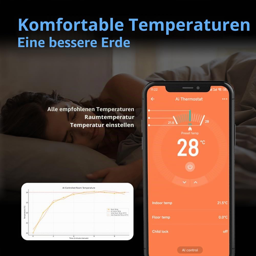 Intelligentes Thermostat für elektrische Heizung, WLAN-Thermostat mit AI Lern-App-Steuerung, digitalem LED-Touchscreen und verstellbarem Knopf, energiesparend
