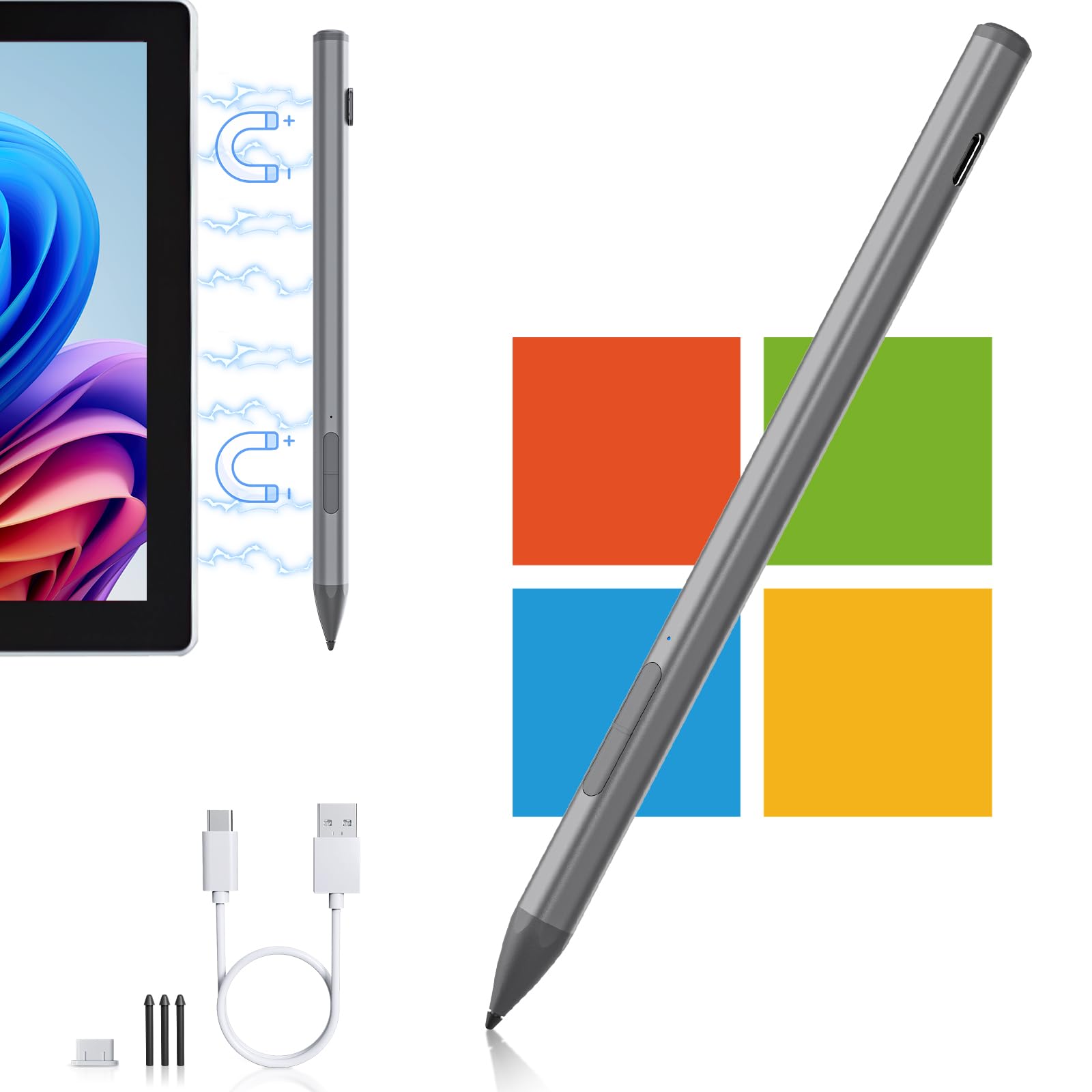 Surface Pro Pen Stylus for Surface Pro 12/11/9/10/8/X/7/6/5/4/3(4096 Finest Control, Eraser Key), Surface Pen with USB-C Charge, Surface Pro Pencil for Surface Go 2/3/4/Book/Laptop/Studio