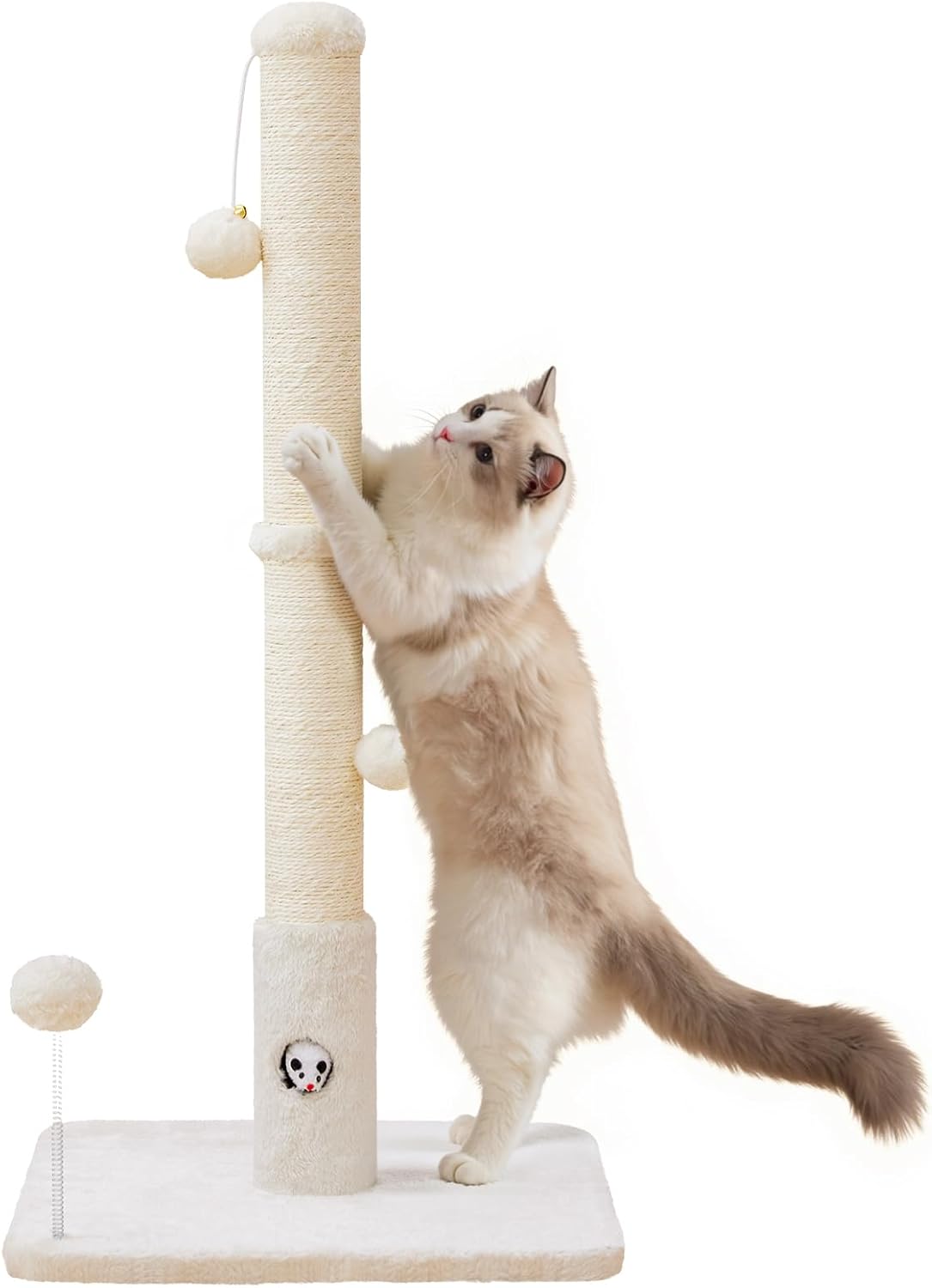 Cat Scratching Posts 33″ for Adults Cats, Cat Scratcher with Soft Fabric Covering Base and Durable Sisal Rope, Scratcher with Fun Mouse Hole and Cat Toy for Tall Cats (White)