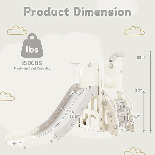 Miniatura 2 de Tobogán 6 en 1 para niños de 1 a 3 años, para interiores y exteriores, con aro de baloncesto, almacenamiento, escalador y telescopio, tobogán en