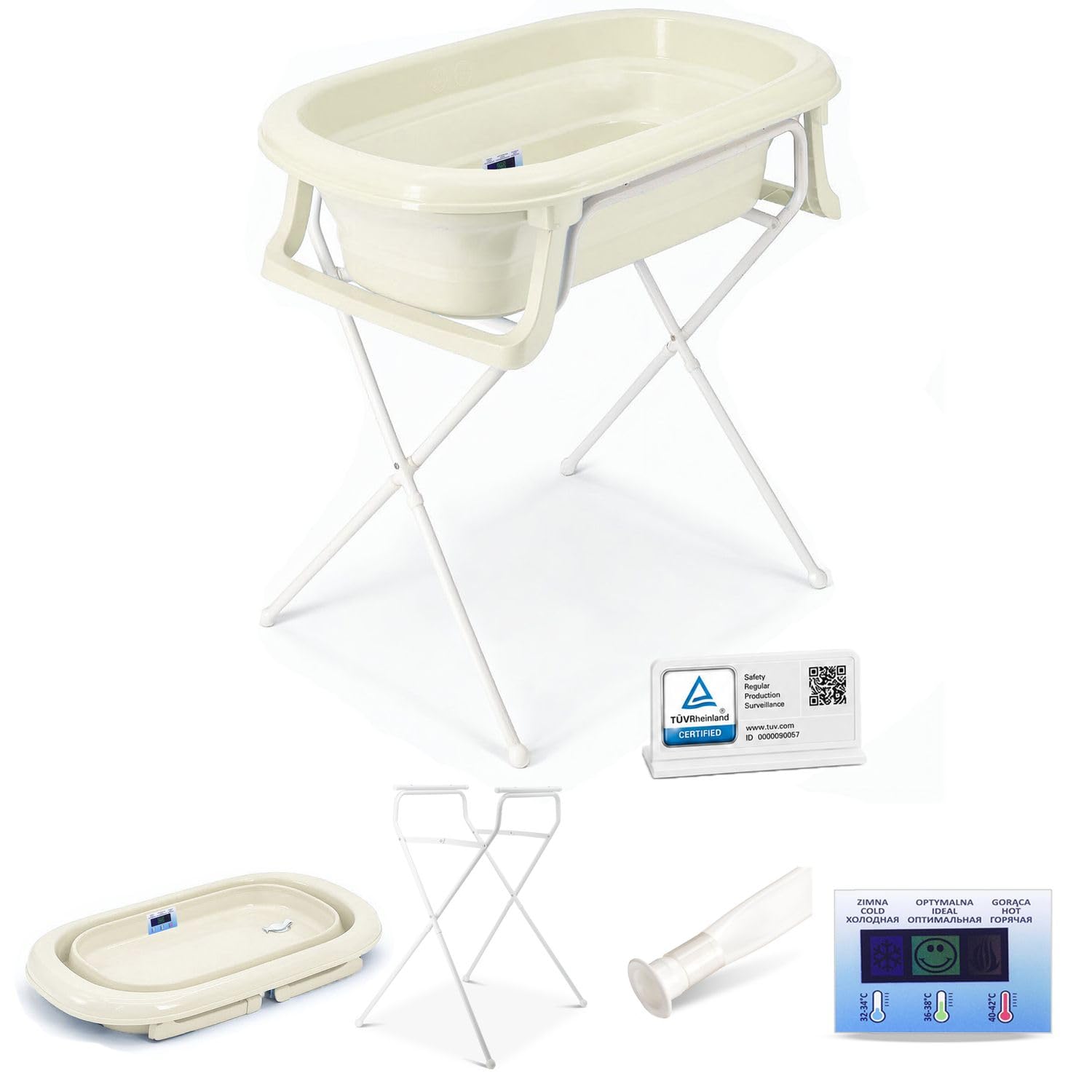 Babykajo Babybadewanne faltbar mit Ständer, Ablaufschlauch & Thermometer-Sticker, 4-teiliges Set ab Geburt, BPA-frei, EU gefertigt, 81x48x23 cm, Babywanne bis 16 Monate