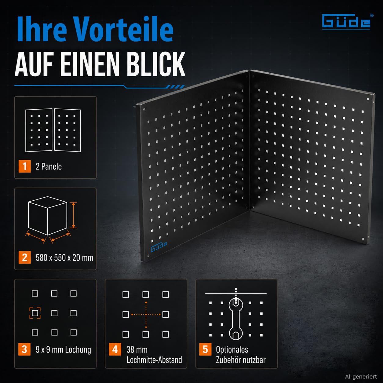 Güde Lochwand-Set GL 600E - 2 Module, pulverbeschichtetes Stahlblech | Ergänzung zur Güde Eco Line, passgenaue Eckmontage, Maße 2 x (58 x 55 x 2 cm), Lochmatrix: 9 x 9 mm, Lochmitteabstand: 38 mm