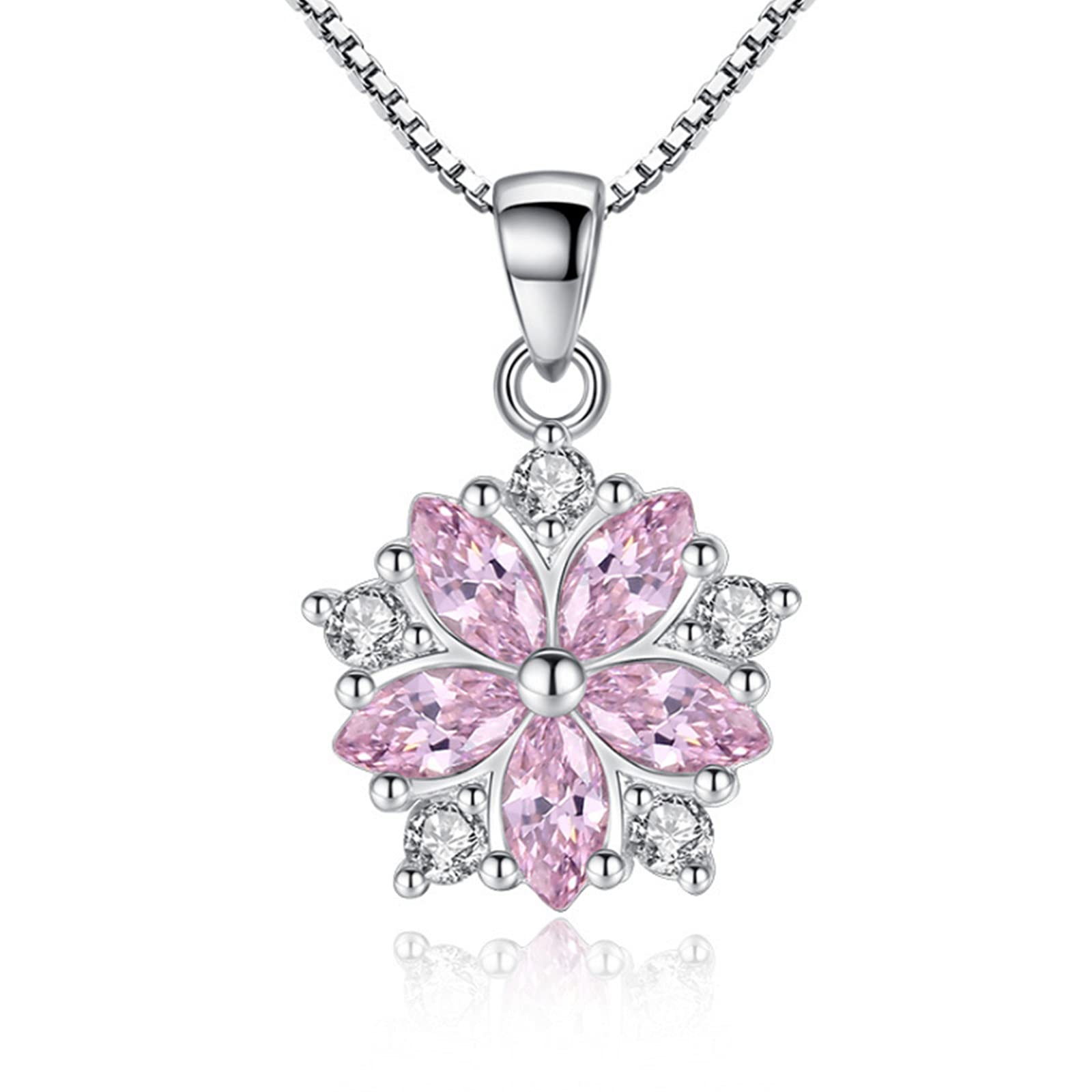 Hcma Women's Pink Anenjery 925 Sterling Silver Clear Crystal Zircon Cherry Blossom Flower Chain Necklace For Girl Choker S-N223
