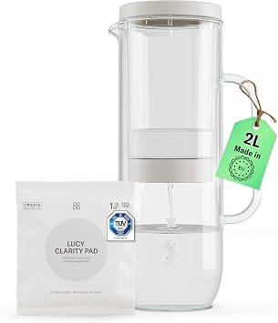 LUCY  Water Filter Pitcher, Includes Clarity Pad Purifying Filters, Reduces Lime, Chlorine, Heavy Metals and Microplastics, Glass Water Jug with Filter 2L Fast Flow, Suitable for Refrigerator