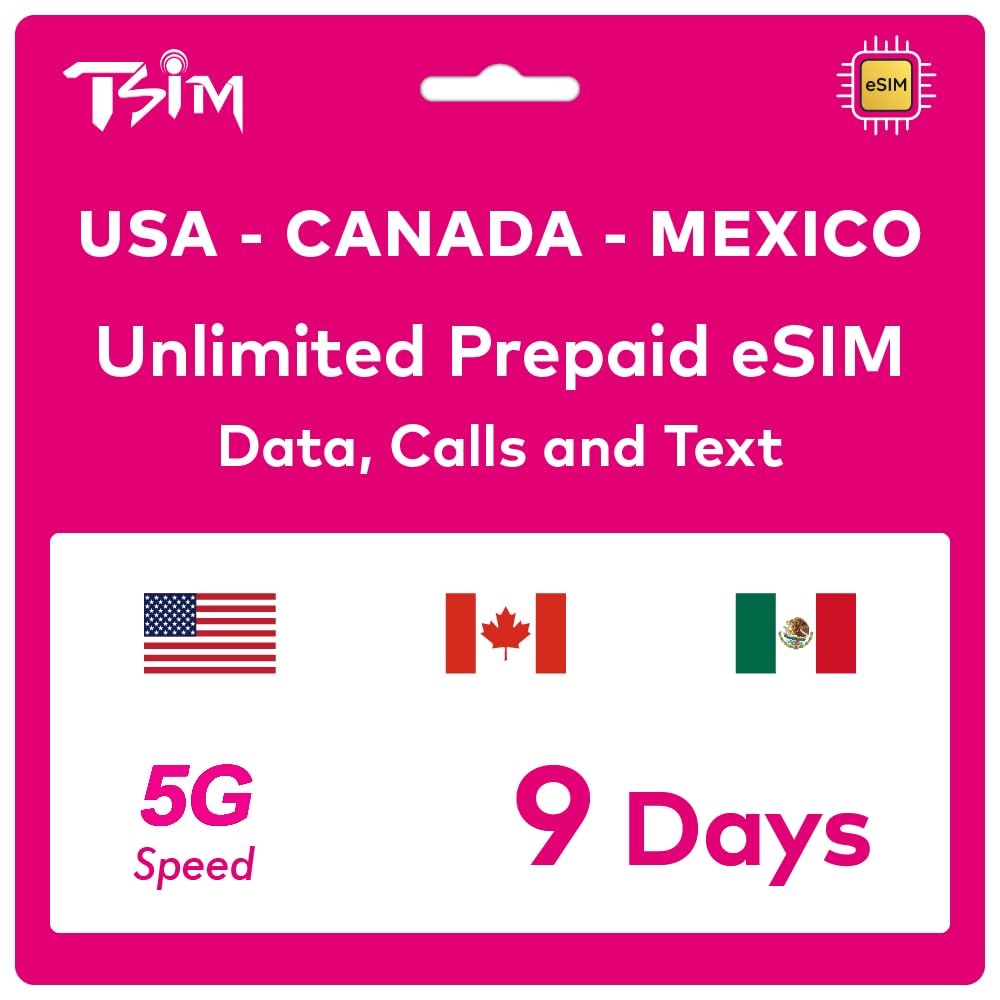 TSIM Prepaid USA eSIM 9 Days | Unlimited 4G/5G High-Speed Data in the USA + Unlimited Low Speed Data in Canada & Mexico | Unlimited Local Calls + Free Incoming Calls & SMS