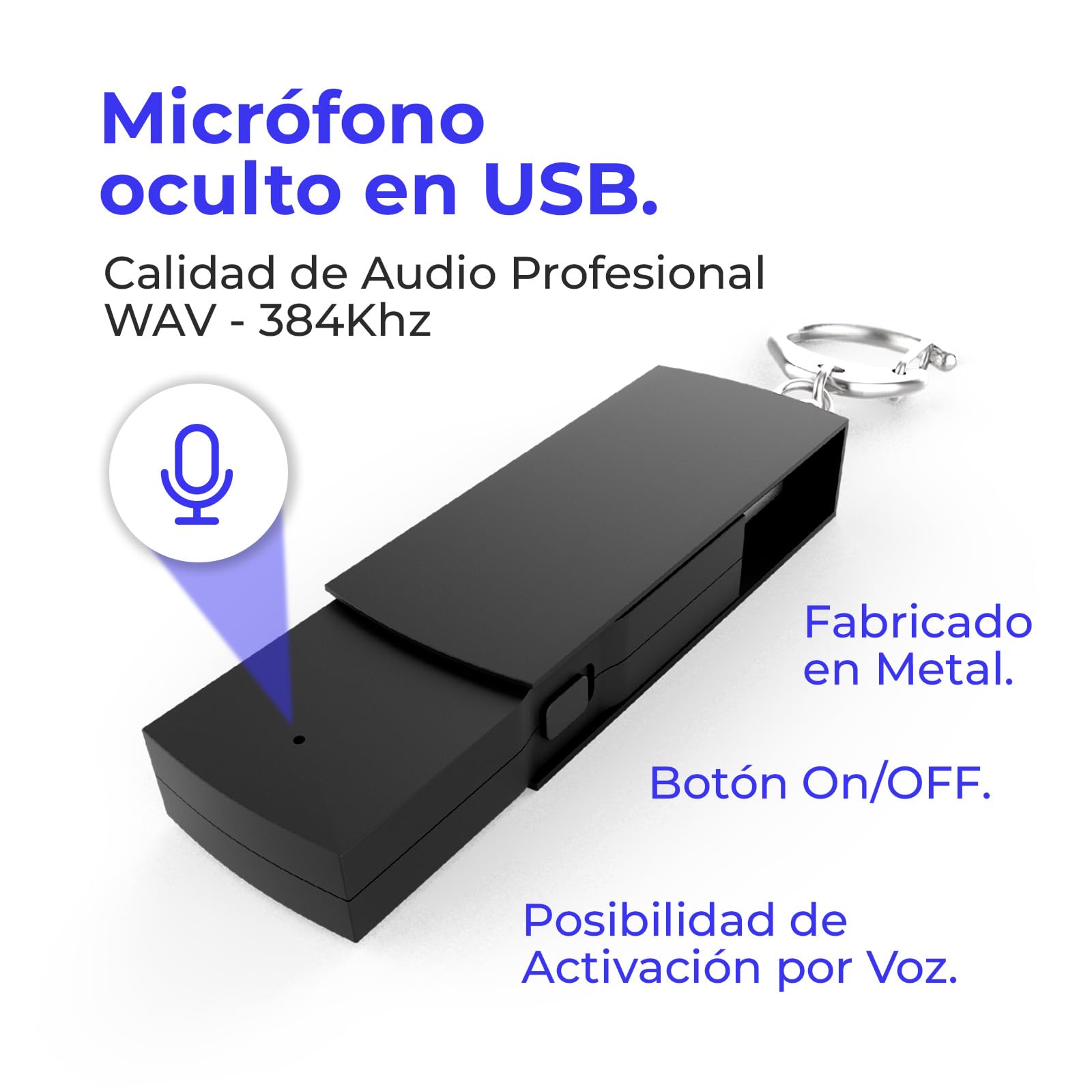 Grabadora de Voz Espía Oculta en Llavero Recargable USB 32Gb con Mini Micrófono Espía Activación por Voz Reducción de Ruido