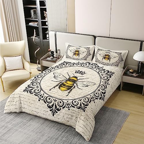 100% Cotton Sweet Honey Bee Bed Sets Cute Kawaii Animal Duvet Cover Retro Vintage Style Bedding Set Double 70S 80S Grunge Comforter Cover Old Newspaper Print Quilt Cover Breathable (No Comforter) - Image 3