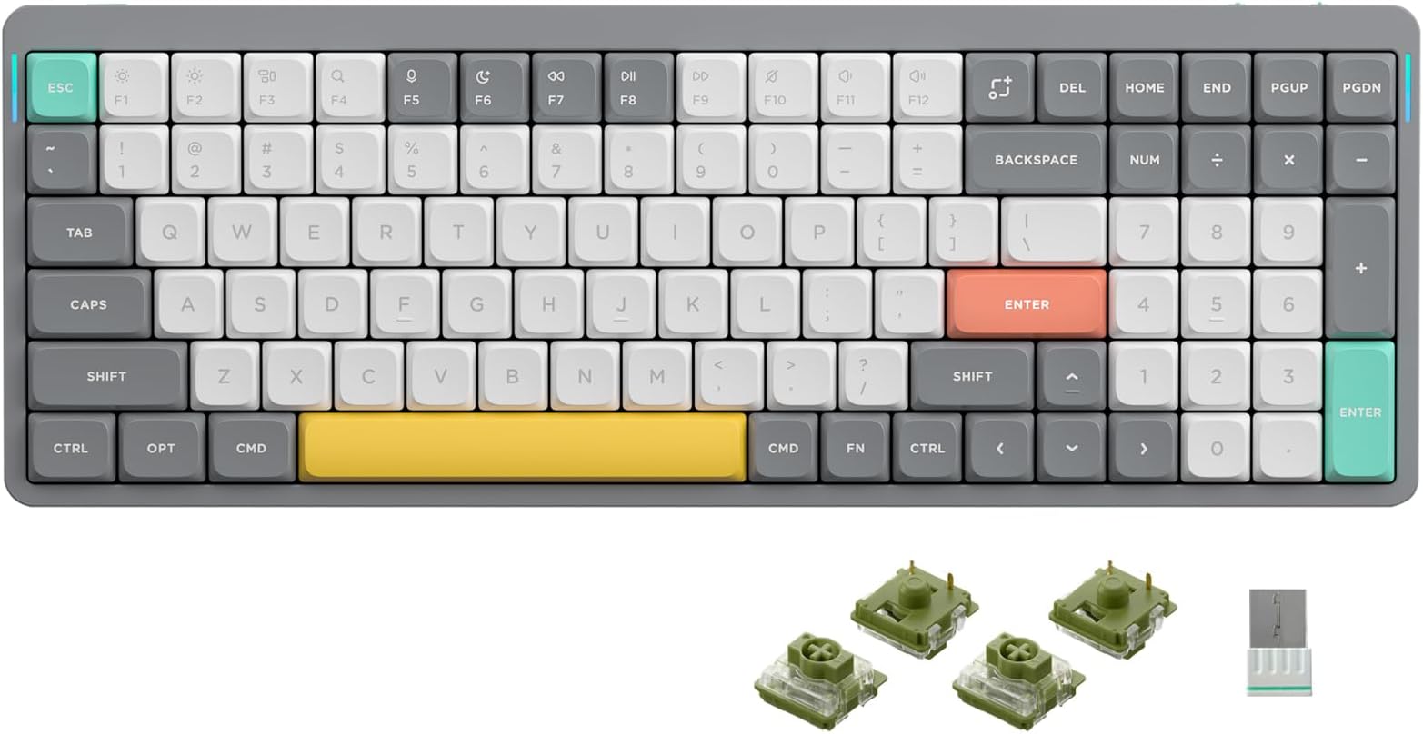 nuphy Air96 V2 Wireless Mechanical Keyboard,100 Keys RGB Backlit Keyboard,Supports Bluetooth 5.1,2.4G and Wired Connection,for PC/Laptop/Windows/Mac -Grey Gateron Moss Switch