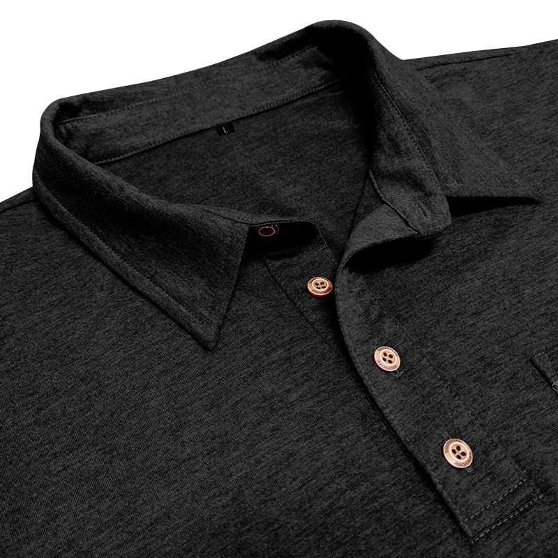 Men's Casual Polo Shirts Classic Short Sleeve Button Tees Basic Golf Shirt Cotton Top with Pocket Black XL