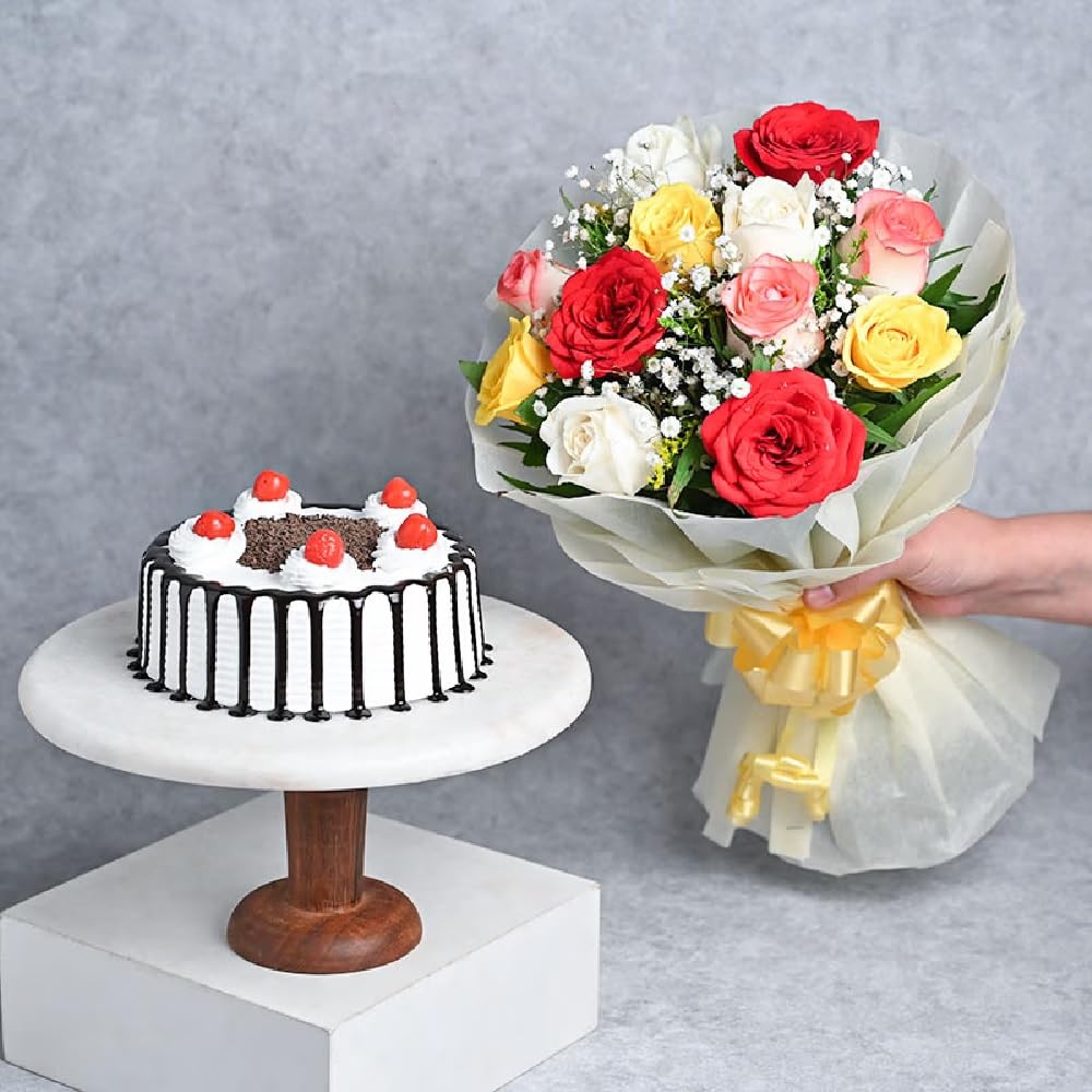 FlowerAura Decorative Flower Bouquet of 10 Mix Roses Flowers With Delicious 500g Black Forest Cake For Valentine's Day Gift, Birthday Gift, Anniversary Gift, Father's Day Gift (Same Day Delivery)-image-26