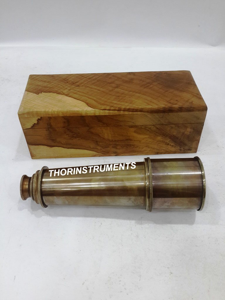 Nautical Antique Brass Telescope W/Natural Wooden Box Gift Decorative Rustic Vintage Home Decor Gifts