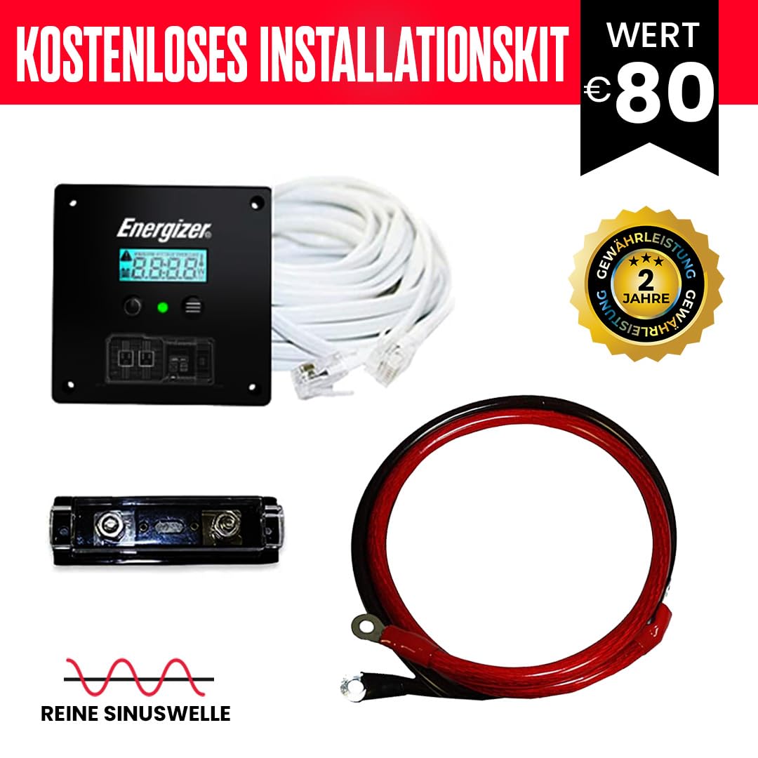 Energizer Inverter da 1100 Watt da 12V a 220V-240V Inverter per auto a onda sinusoidale pura con due prese CA da 220 Volt - 240 Volt, 2 porte USB e cavi batteria