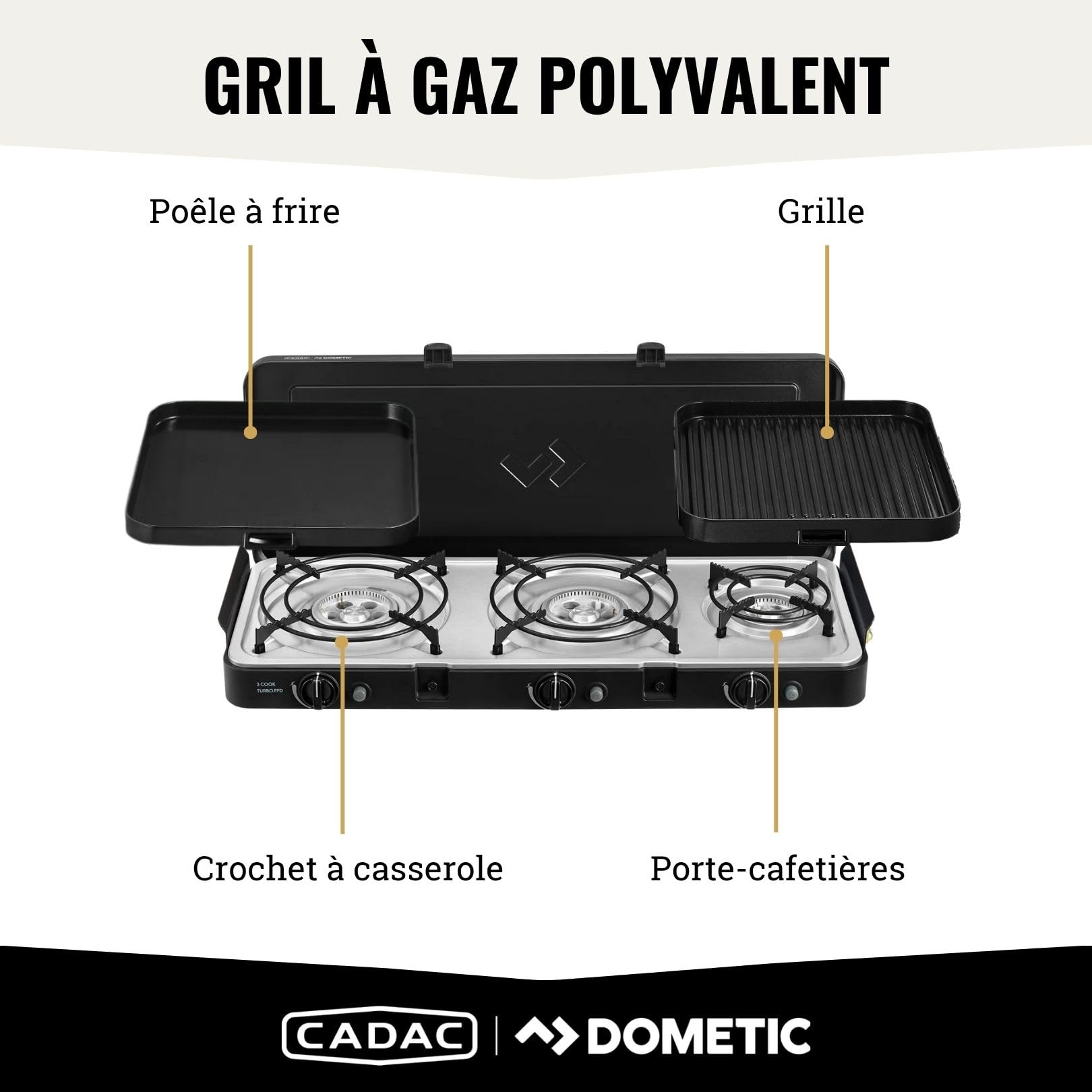CADAC - 3 Cook Turbo FFD Deluxe - barbecue - Barbecues portables - Surface de cuisson en acier inoxydable - Incl. Housse de protection - Camping - Les incontournables du barbecue - Noir
