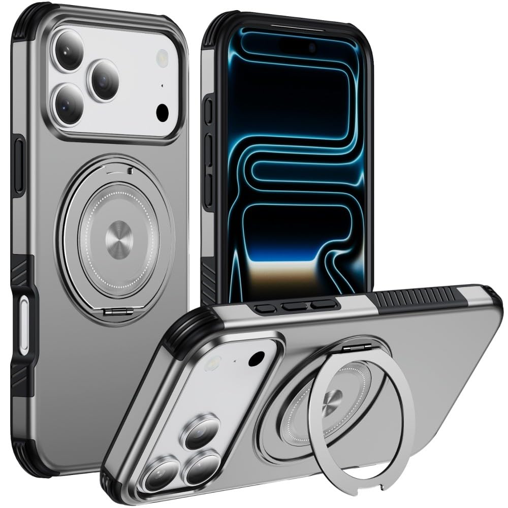Generic etui kompatybilne z iPhone 15 Pro (kolor: szary) odporny na wstrząsy metalowy stojak obudowa twarda tylna twarda silikonowa twarda obudowa