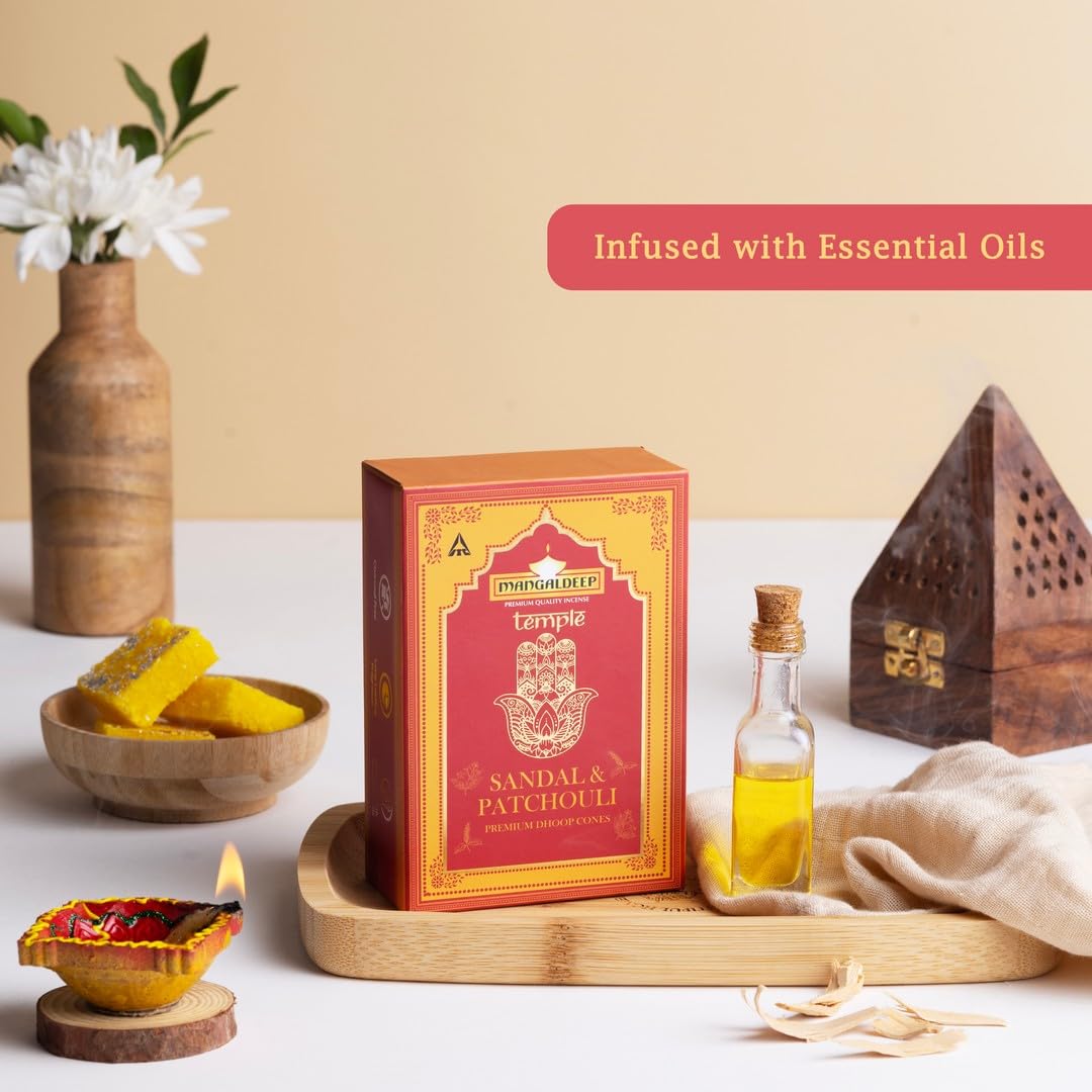Mangaldeep Temple Premium Bambooless Dhoop Cones - Sandal & Patchouli - Ceramic Stand Inside - Charcoal Free (40 Cones) - Image 2 thumbnail