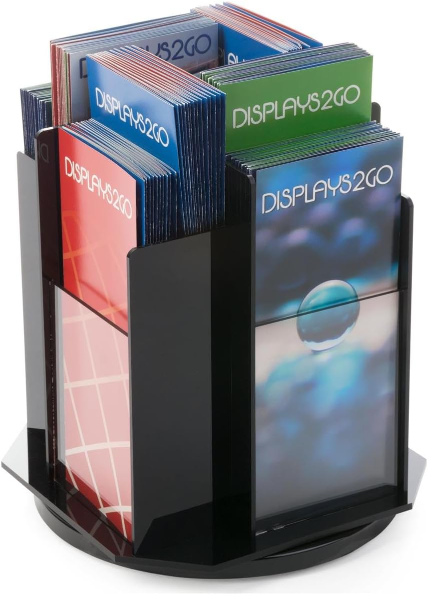 Displays2go Rotating Literature Rack with (8) 4x9 Tiered Pockets, Countertop Brochure Holder - Black with Clear Plexiglas Front Panels