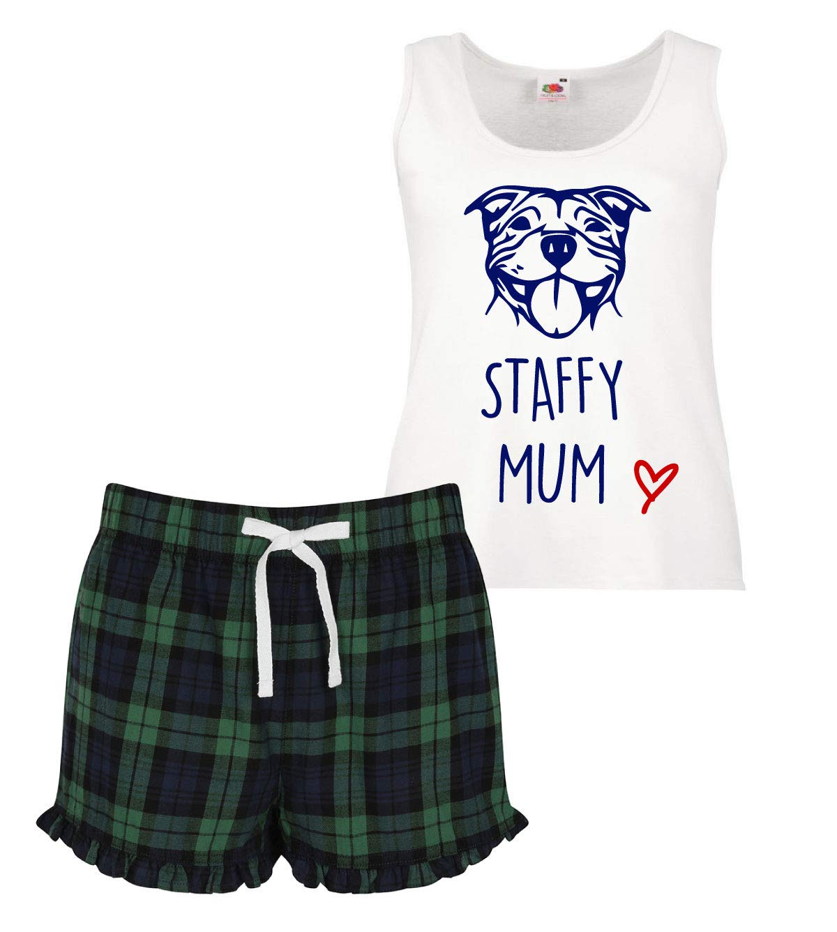 60 Second Makeover Limited Staffy Mum Ladies Tartan Frill Short Pyjama Set Staffordshire Bull Terrier, Green, 12