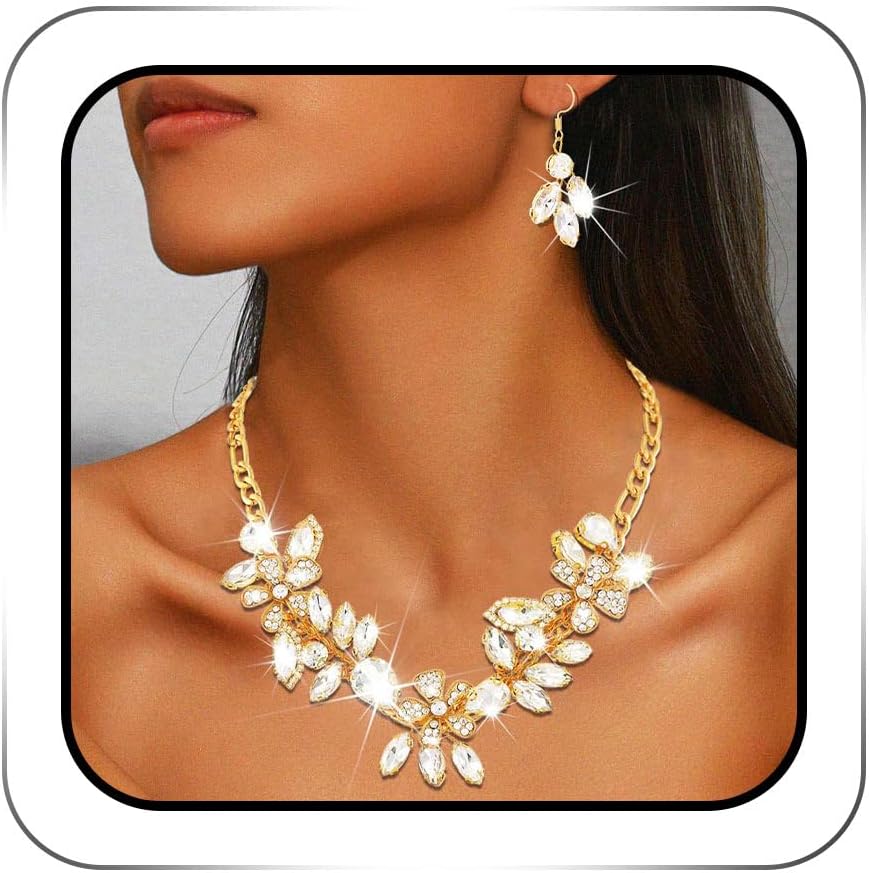 ACEDRE Rhinestone Bridal Jewelry Set Gold Wedding Necklace and Earrings Sets Sparkly Flower Prom Costume Brides Accessories for Women