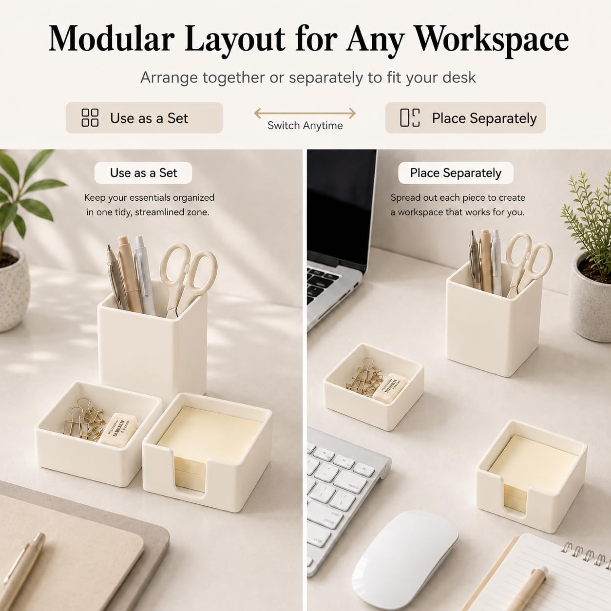 minimaliving ästhetisches Silikon-Schreibtisch-Organizer-Set,3-teilig,modernes Büro-Stifte Organizer mit Stiftehalter,Büroklammern-Ablage,Haftnotizhalter,stilvolle funktionale Büro Organizer(Beige)