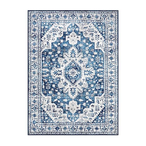 Moynesa Ultra-Thin Washable Area Rug - 5x7 Blue Rugs for Living Room Washable Rugs for Bedroom Soft Dining Room Mat, Vintage Printed Low Pile Indoor Carpet for Office Sunroom Playroom