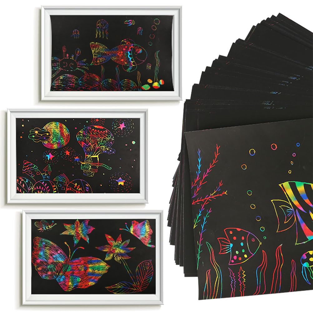 100 Feuilles de Dessin à Gratter Scratch Art Paper, Artisanat, 4 Modèles de Dessin et 10 Crayons en Bois, Couleurs Arc-en-Ciel