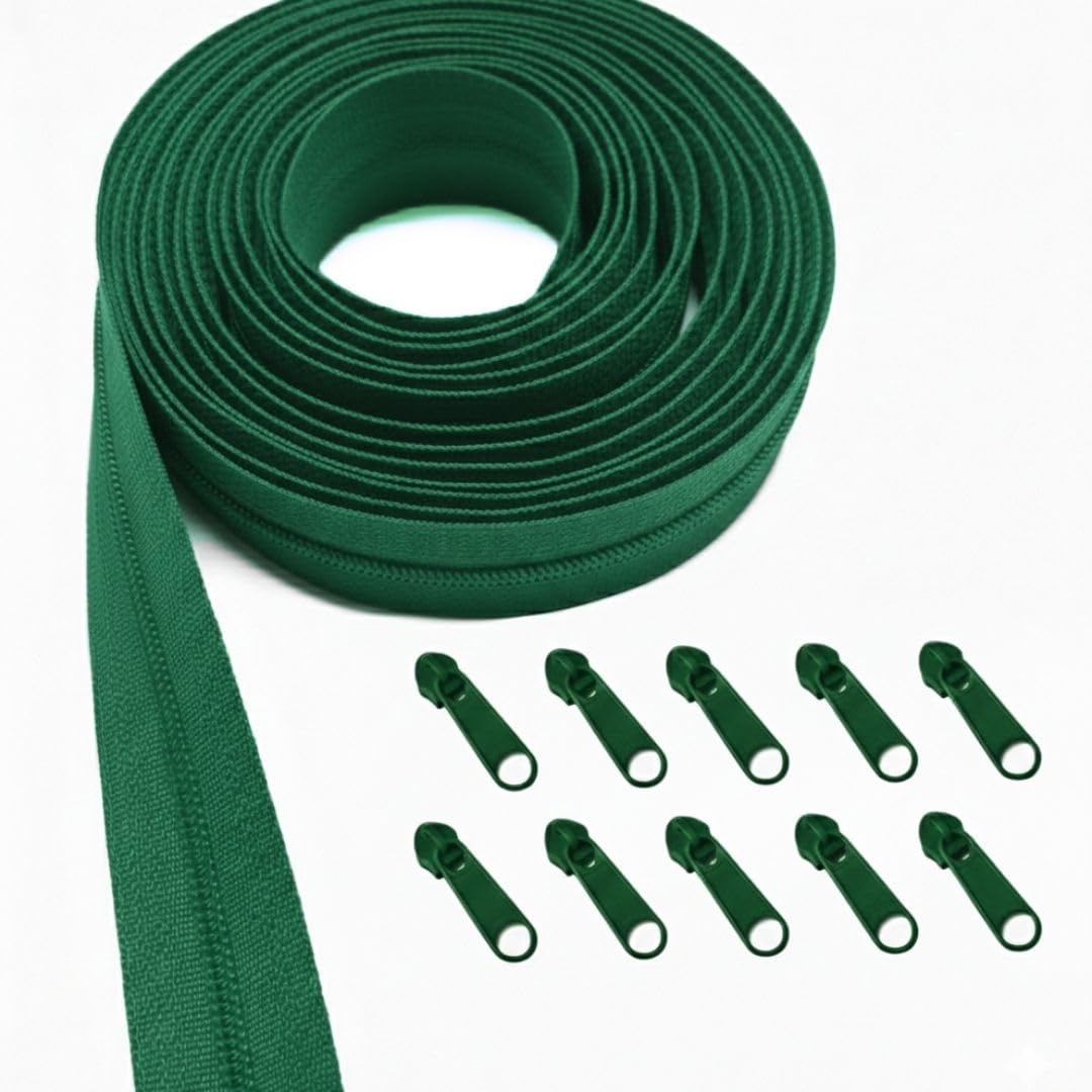 KGS Zipper by The Yard | 3 Yards Continuous Nylon Coil Zipper Roll with 10 Matching Pulls | #3 Bulk Zip Tape for Sewing Bags, Purses, Backpacks, Jackets, DIY Craft and Repair (Forest Green)