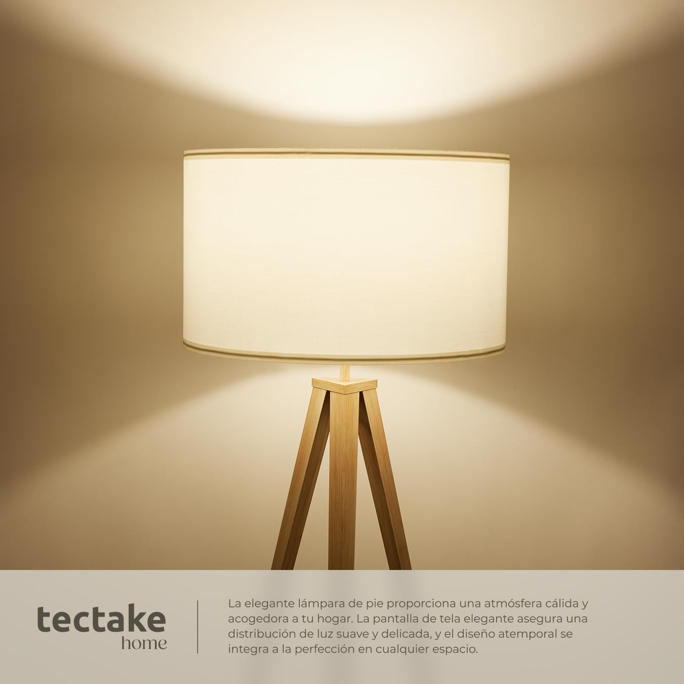 tectake® lámpara de pie, base de trípode de acero, pantalla aspecto de lino, lampara lectura, diseño moderno, lampara suelo, interruptor de pie, lampara pie salon, lampara de pie - Roble
