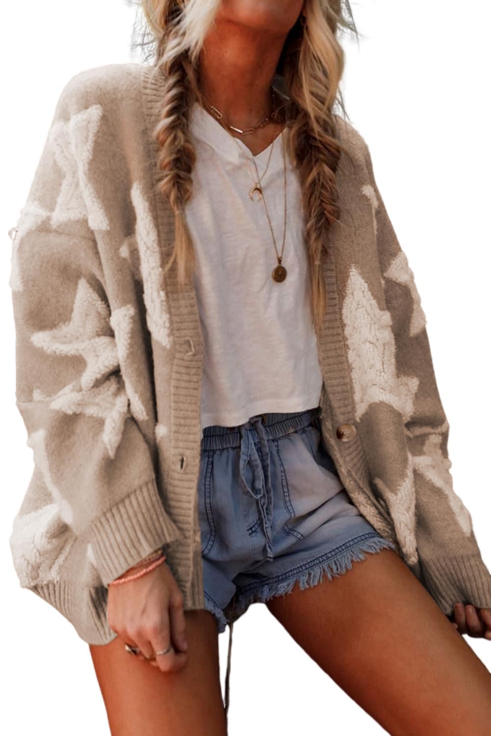 Womens Sherpa Star Pattern Textured Cardigan Sweater with Pockets Fall Winter Casual Cozy Sweater Coat