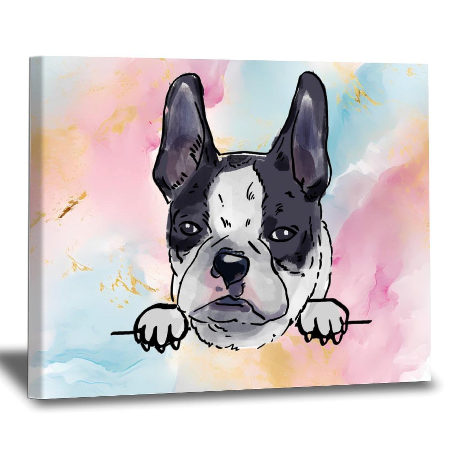 WoGuangis Boston Terrier Canvas Art Prints Watercolor Peeking Dog Mom Pet Framed Wall Art Posters & Prints Gift for Dog Lover Artworks for Living Room