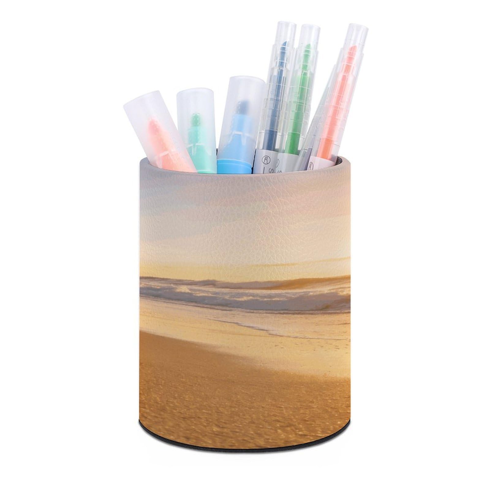 LZQPOEAS Coconut Shadow Gold Sands Pen Holder for Desktop Organizer Storage Case Modern Minimalist Pen Cup Round Pencil Holder PU Leather Pencil Cup Multi-Functional Office Supplies for Home