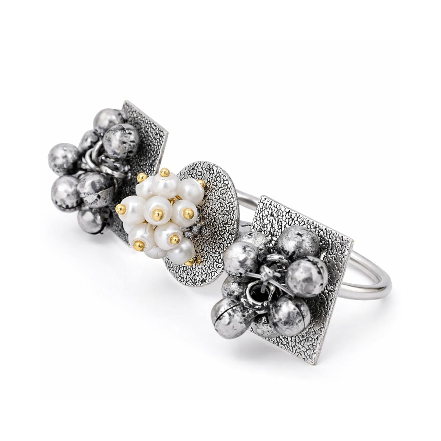 FASHIONS Oxidised Ethnic Boho Silver Adjustable Brass Finger Ring Ghungroo Pearl Two in One Hand Fingerring for Women & Girls-image-0