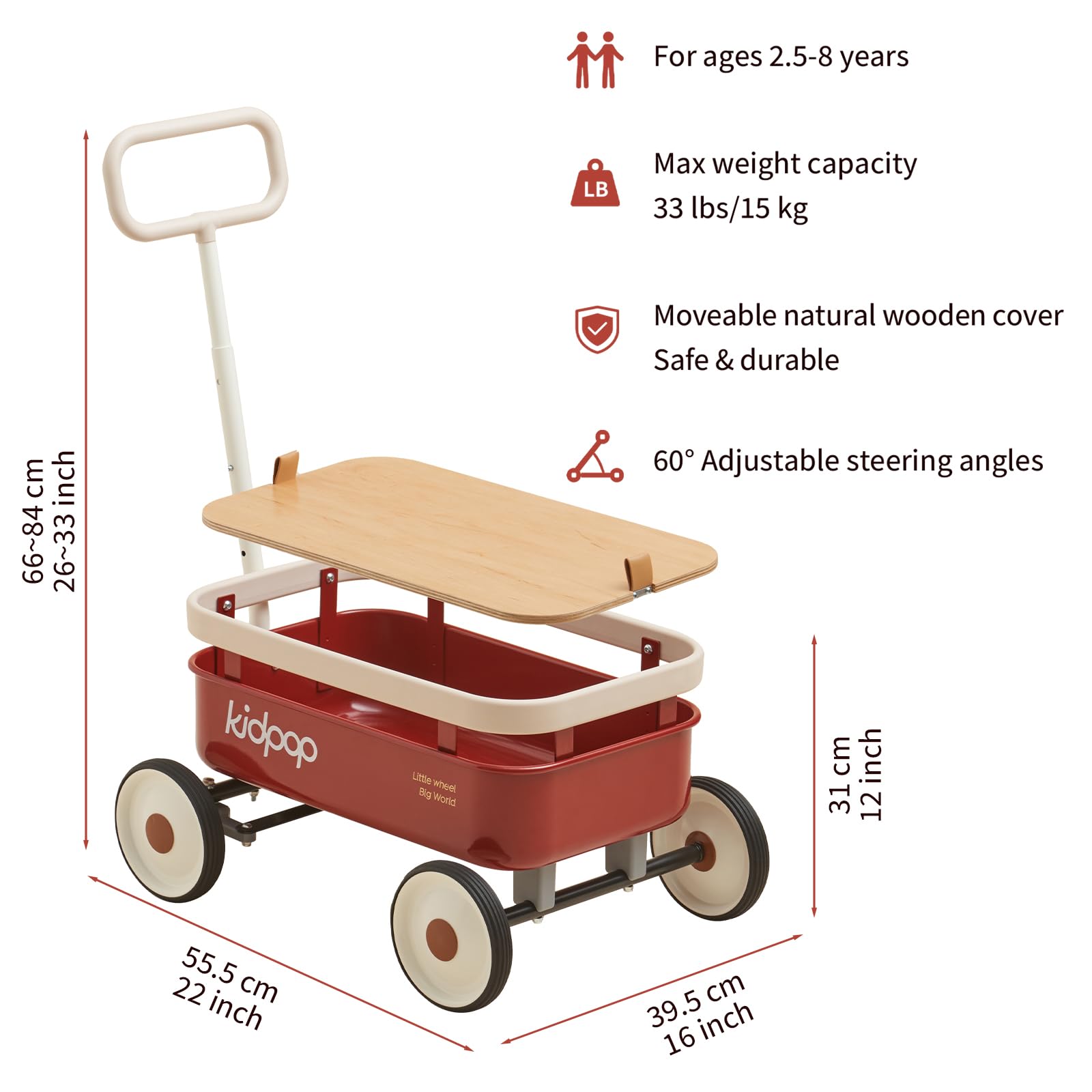 PULA-Wild - Andador de empuje 3 en 1 para niños de 2.5 a 8 años, funda de madera extraíble y manubrio ajustable, regalos de cumpleaños, peso máximo de 33 libras (rojo) 2