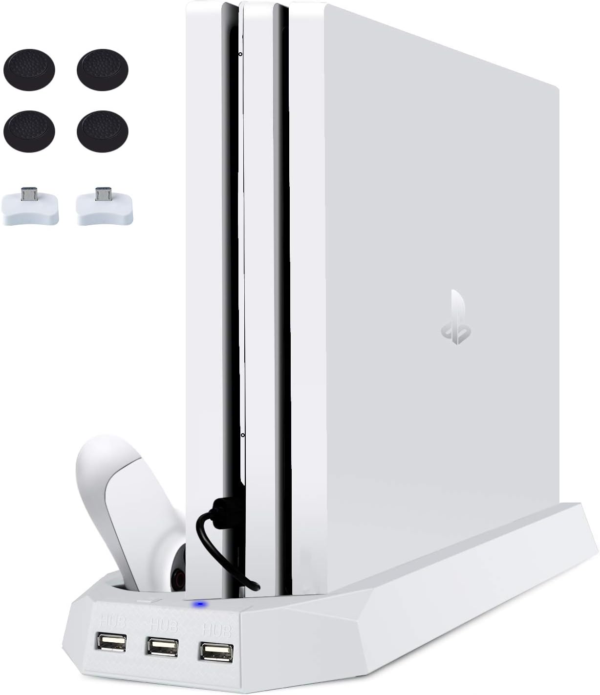 FlexDin PS4 Pro Vertical Stand with Dual Cooling Fan, Controller Charging Station, 3 USB Ports for Playstation 4 Console - White