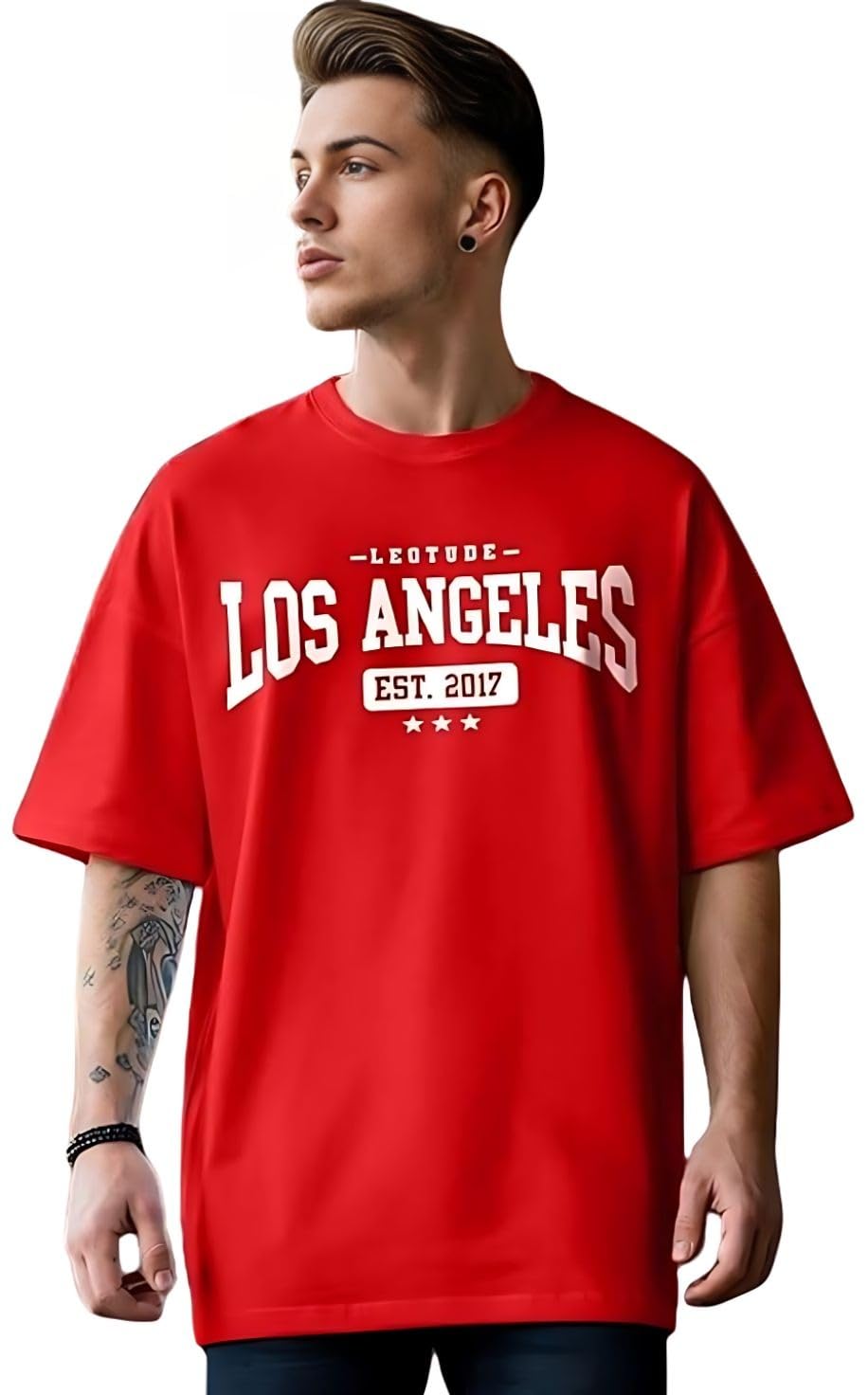 LEOTUDE Men Los Angeles Red Oversized T-Shirt Material Cotton Blend