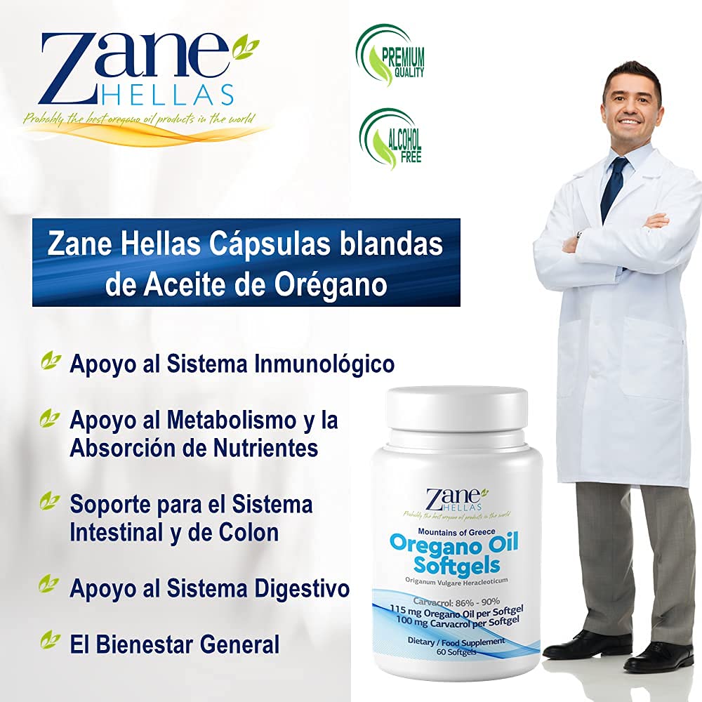 Zane Hellas Cápsulas de aceite de orégano. Cada cápsula blanda contiene un 20% de aceite esencial griego puro de orégano. 100 mg de Carvacrol por cápsula blanda.120 cápsulas blandas.Paquete de 2