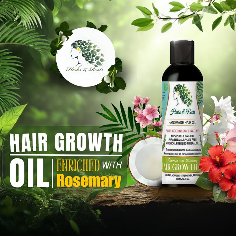 Image of Herbs & Roots Hair Growth Oil - enriched with rosemary Nourishing Ayurvedic Herbal Oil for Hair Fall Control, Hair Regrowth, Strong Roots & Healthy Scalp pack of 2 |100ml each
