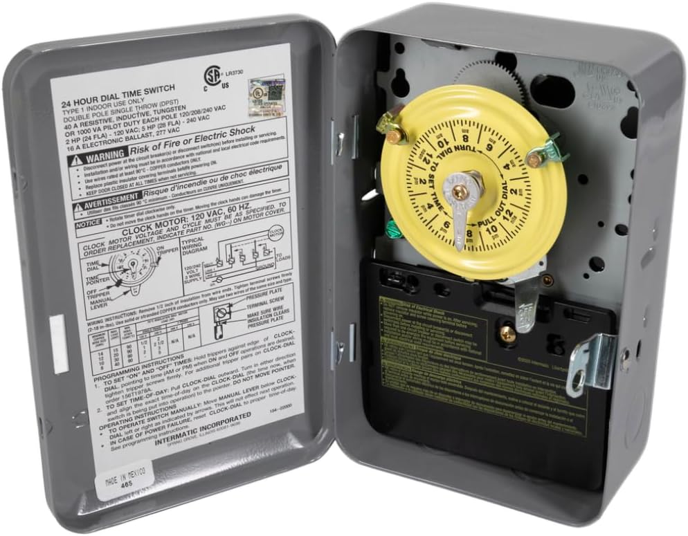 T102 Mechanical Time Switch, 24-Hour Timer, 120V DPST, Heavy Duty Timer Switch, Indoor/Outdoor Metal Enclosure, Automatic On/Off Control (1 Unit)