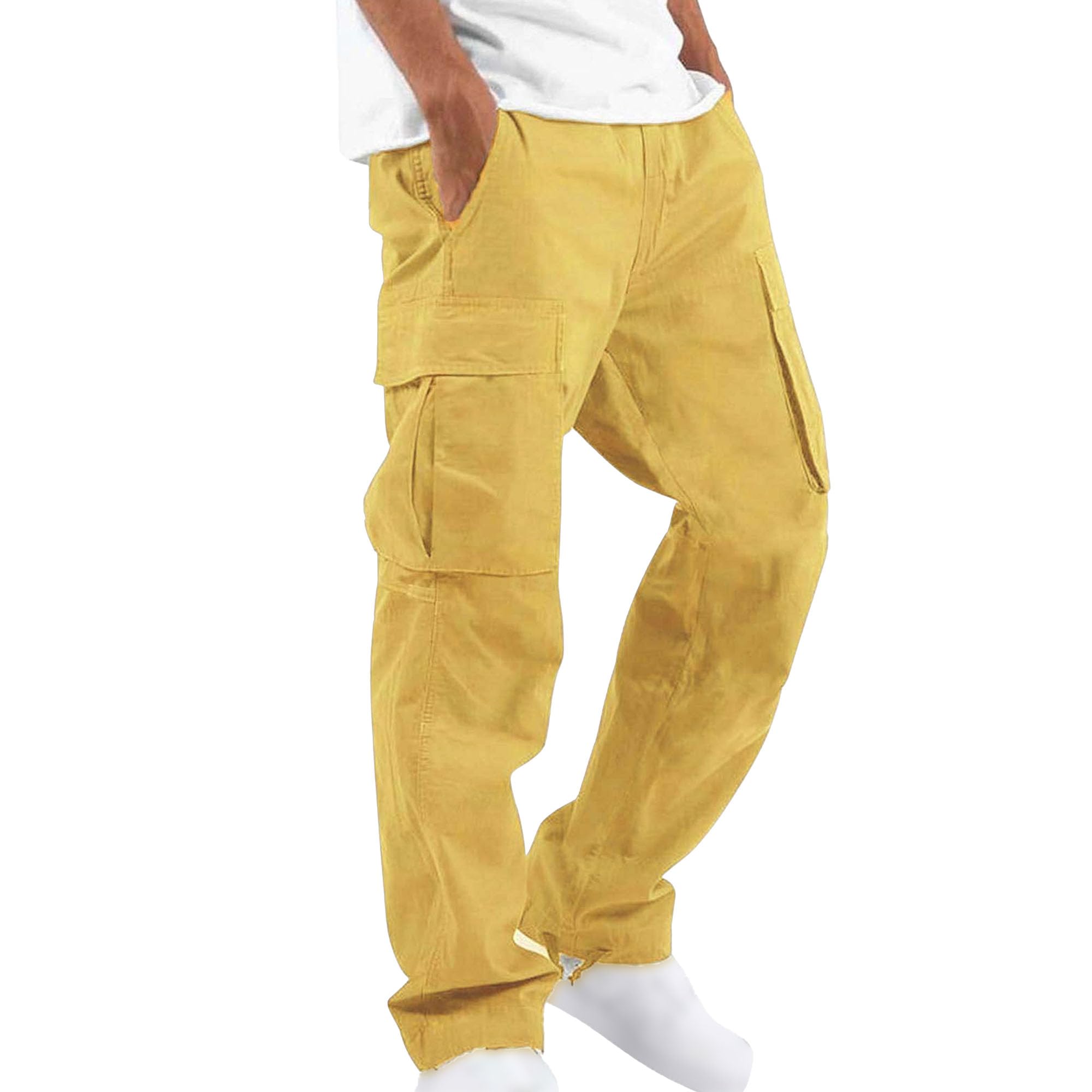 Cargo Pants for Men Lightweight Relaxed Fit Causal Trousers Outdoor Classic Fit Multi Pockets Pant (4X-Large,Yellow)