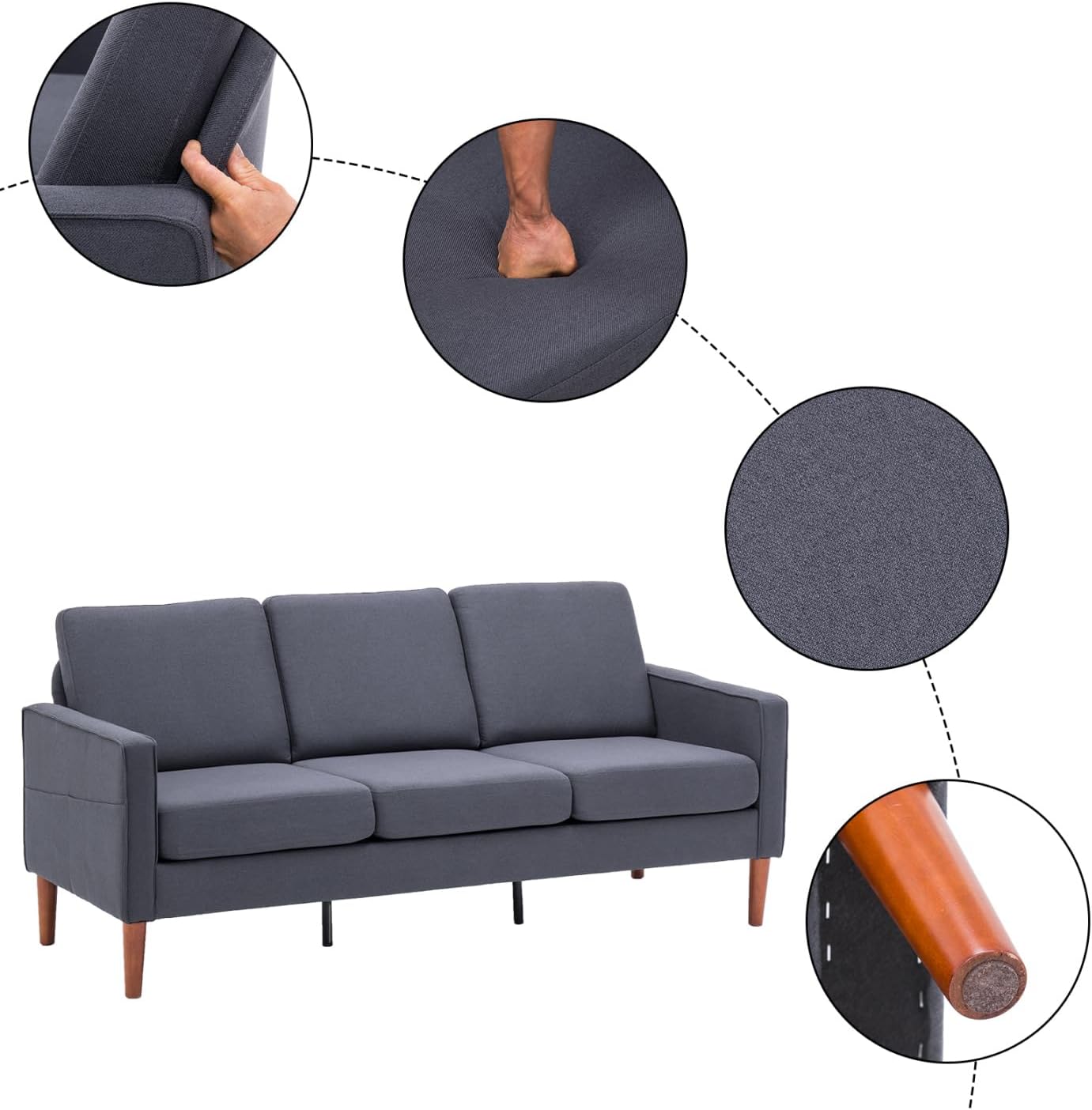 i-POOK 71.3" Sectional Couch, 3 Seat Couch with 5.5" Soft Seat Cushion and Wood Frame, Mid-Century Modern Love Seat Couch for Living Room, Bedroom, Dark Grey
