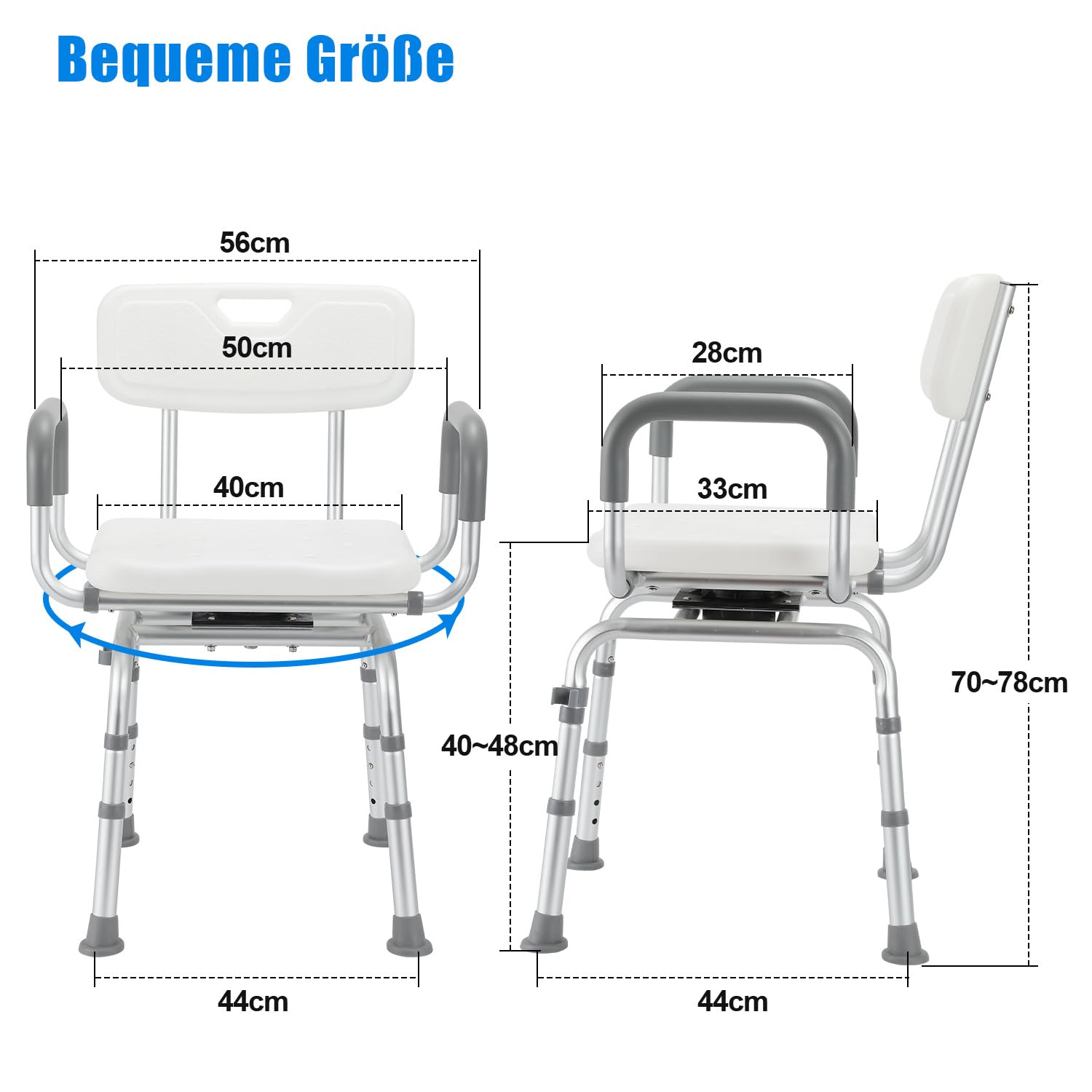 Krzesło prysznicowe, obracane o 360°, podłokietnik 150 kg | Obrotowe krzesło prysznicowe z oparciem i podłokietnikami, 4 wysokości (40-48 cm), aluminium, antypoślizgowe.