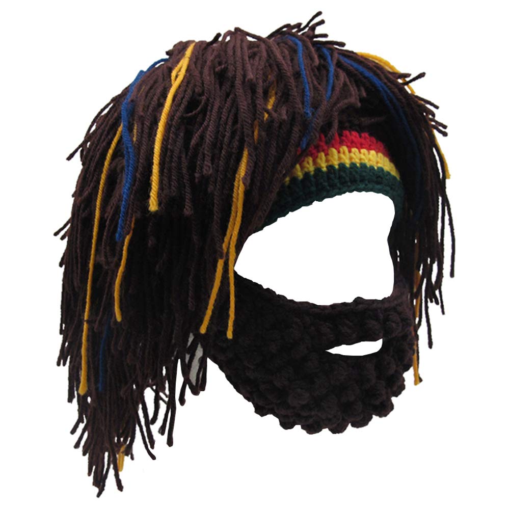 Wig Beard Hats Handmade Knitted Warm Winter Caps Funny Party Mask Hair Beanies (Brown)