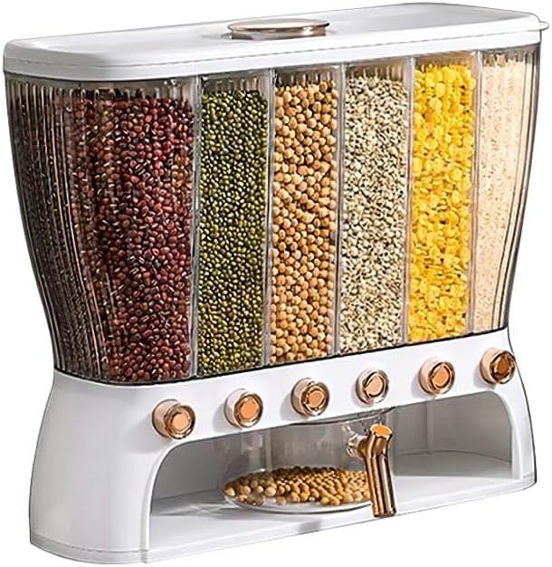 Amzz Grain Dispenser kitchen, Grain Storage Container 6 Grids, Bulk Rice Organizer Box,Countertop Rice Holder Kitchen Dispenser Keeper for Grains Beans Corns