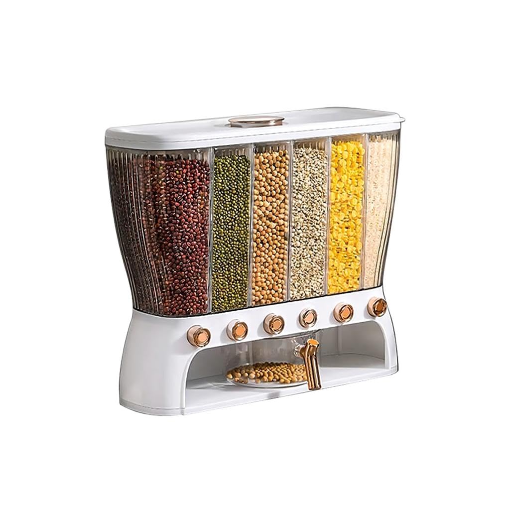 Amzz Grain Dispenser kitchen, Grain Storage Container 6 Grids, Bulk Rice Organizer Box,Countertop Rice Holder Kitchen Dispenser Keeper for Grains Beans Corns
