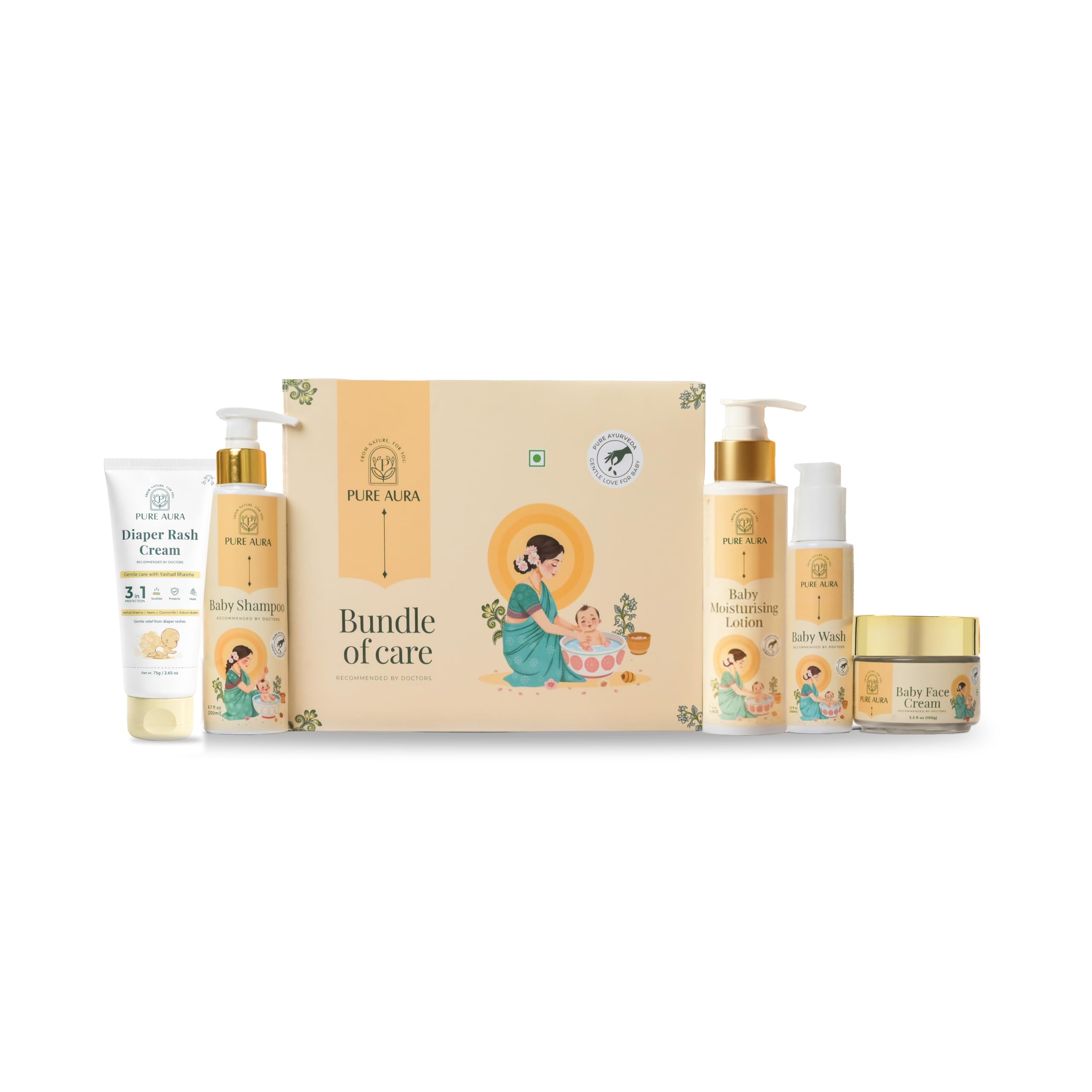 Pure Aura Newborn Baby Kit | Ayurvedic Shampoo, Wash, Lotion, Face Cream & Massage Oil | Gentle Daily Skincare Essentials for Newborns & Infants with Sensitive Skin-image-17