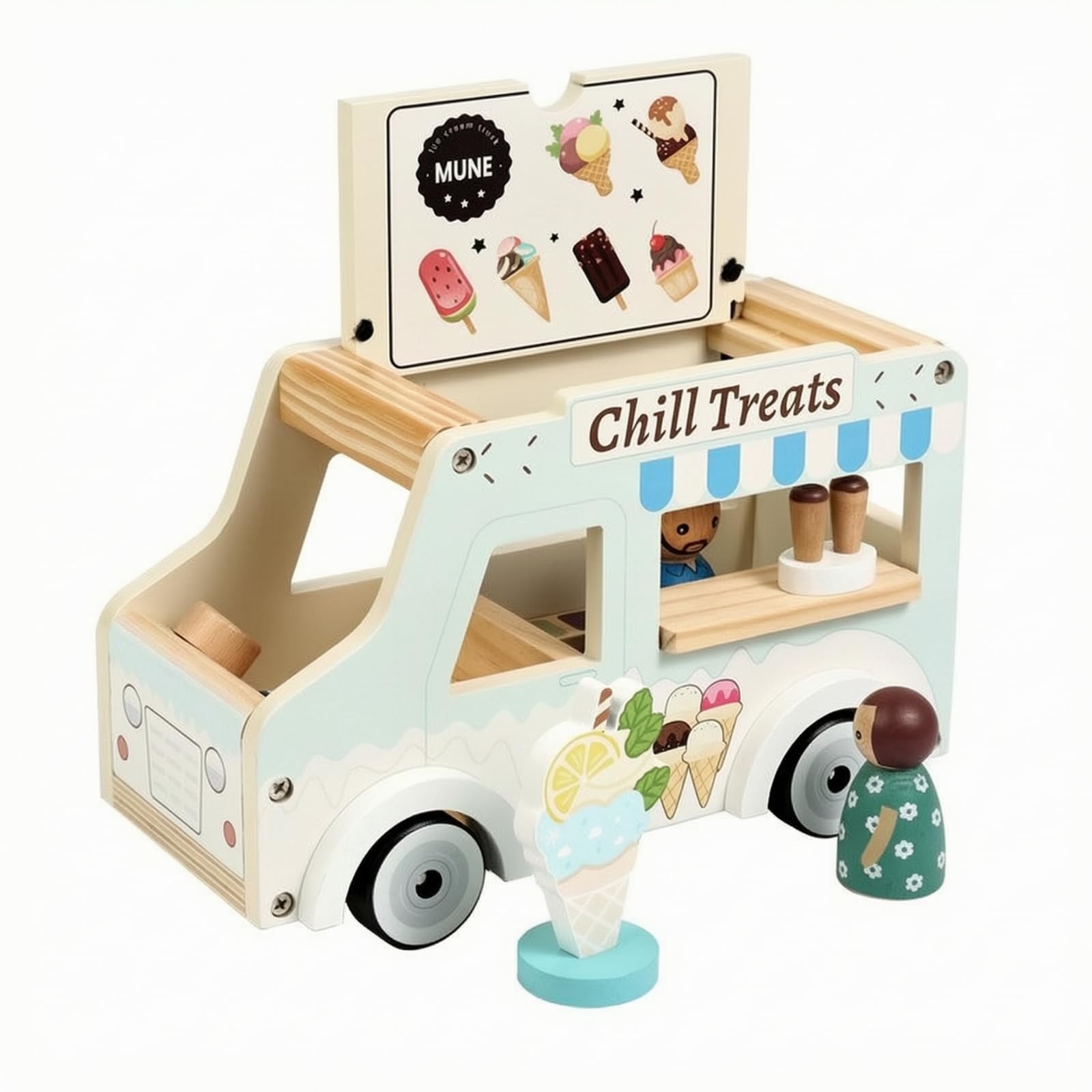 Gralara Carrello Giocattolo in Legno con Gelati E Servizio con E Ruote per Bambini Adatto per Gioco di Ruolo Interattivo E attività Creative in Cameretta.,