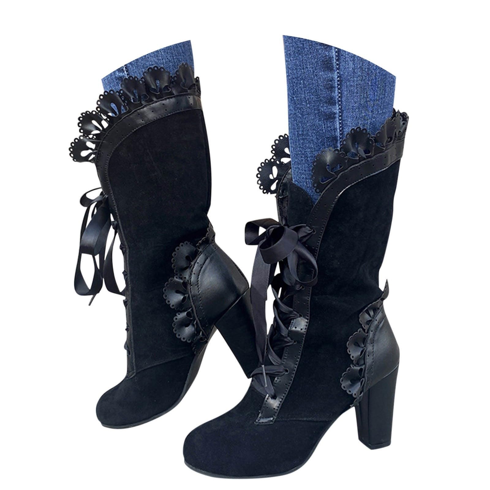 Women Victorian Mid Calf Boots Sexy Lace Bow Chunky Block High Heels Round Toe Lace Up Wide Width