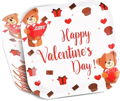 BOXOB 18 platos de San Valentín, platos de papel de San Valentín de 9 x 9 pulgadas, con patrón de oso de peluche de corazón, platos decorativos,