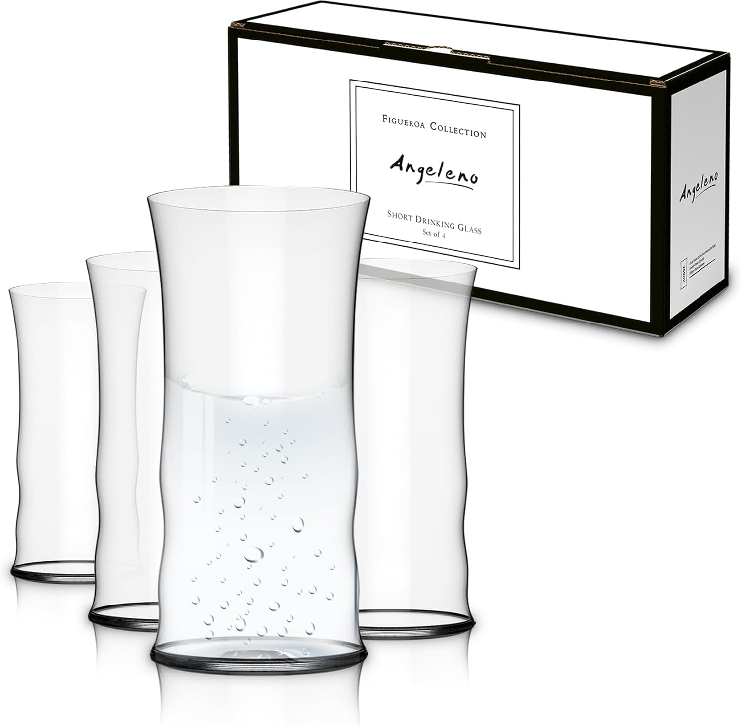 Figueroa Collection Short Drinking Glasses 8 oz - Small Beverage Glasses, Clear Juice Water Cocktail Glass Cups, Modern Everyday Drinking Cups for Juice Soda Whiskey Iced Tea Kitchen Bar - Set of 4